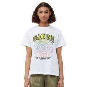Ganni, Size Large, Have a Nice Day White T-Shirt With Flower; Green and Pink